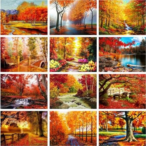 Round Full Diamond Painting Autumn Cross Stitch Kit 5D DIY Mosaic Embroidery Landscape Tree Full Square Rhinestone Crafts Gift