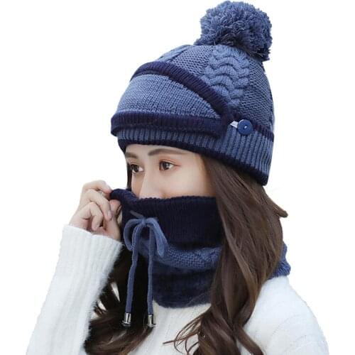 2020 new 3Pcs/Set Women Winter Woolen Knitted Fluffy Ball Beanie Cap Warm Mask Neck Scarf