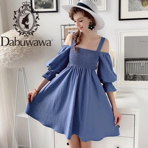 Dabuwawa Blue Sexy Sweet Off Shoulder Solid Dress Women Lantern Sleeve Fit and Flare Short Party Dresses Female DT1CDR009