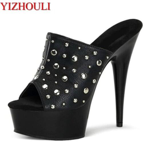 Sexy polyurethane material, 15 cm, summer high heel paint platform, rivet decoration, dancing shoes