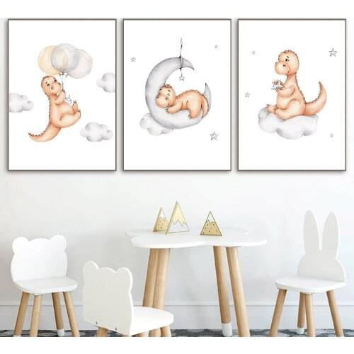 Balloon Baby Dinosaur Canvas Art Print Cloud Moon Nursery Poster Painting Child Prints Nordic Wall Art Pictures Kids Room Decor