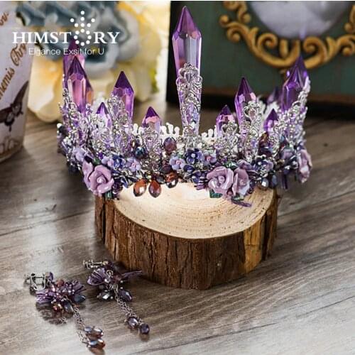 HIMSTORY Dreamty Luxurious Sparkling Purple Violet Crystal Flower Bridal Wedding Crown Tiaras Earring Beautiful Headpiece
