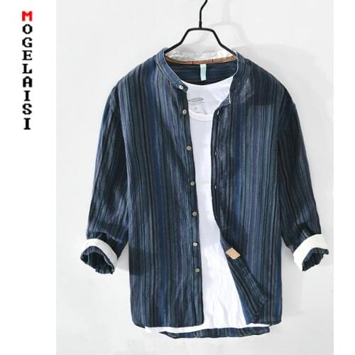 New summer Blue Striped shirt men linen three quarter fashion soft shirts man clothing High quality tops Camisa masculina TB805