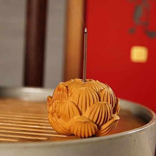 Boxwood 5cm Lotus Incense Burner Sculpture Wood Statue Feng Shui Collection Wealth Flower Lucky Home Decor