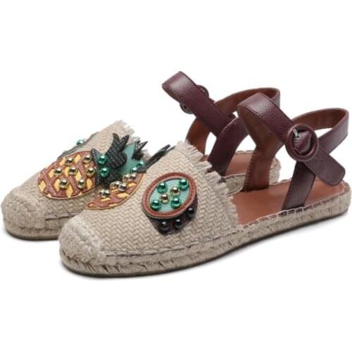 Sestito Women Pineapple String Bead Hemp Summer Gladiator Sandals Ladies Round Toe Flat Sandals Girls Buckle Strap Casual Shoes