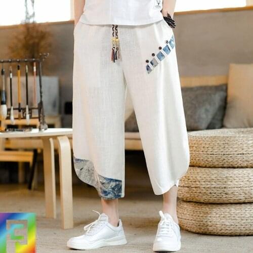 5XL Men Sweatpant Printed Linen Loose Wide Leg Harem Yoga Pant Bloomers Baggy Running Jogger Fitness Gym Workout Pant Activewear