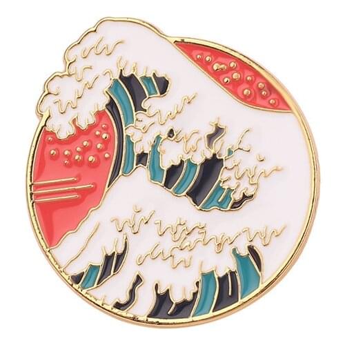 The Great Wave Brooch On The Collar Round Enamel Pin Brooch For Women Men Jewelry the coast of Kanagawa pin Hokusai painting art