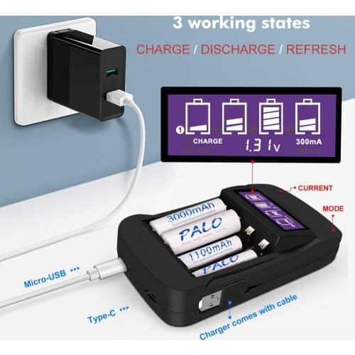 PALO 4 slots AA AAA rechargeable battery charger LCD USB aa aaa charger for 1.2V aa aaa nimh nicd battery discharge
