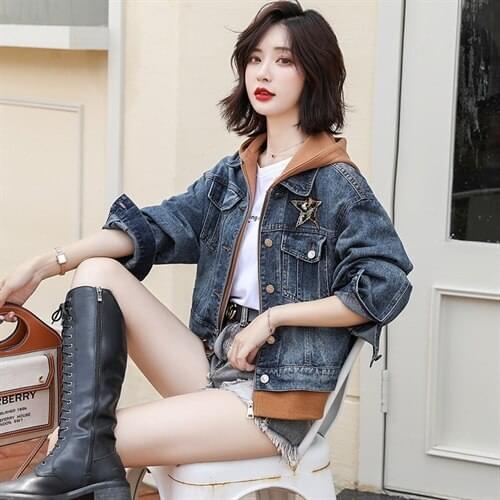 2021 New Women Denim Jackets Autumn Spring Zippers Coat Women Patchwork Hooded denim Cardigans