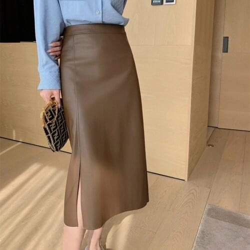 Neophil XXL Pu Faux Leather Long Skirts Women Side Split Wrap Pencil Skirt 2021 Winter High Waist Korean Style Jupe Femme S21853