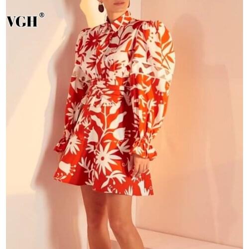 VGH Print Two Piece Set For Women Lapel Puff Long Sleeve Lace Up Tops High Waist Mini Skirts Vintage Sets Female 2021 Summer New