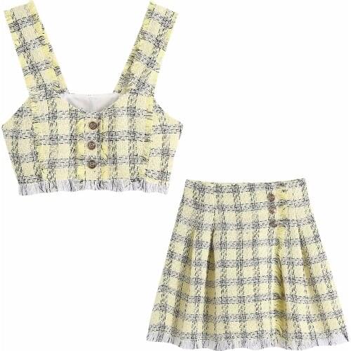 Za Women Retro Tweed Plaid Printed Halter Short Top Vest And High Waist Straight Casual Mini Skirt Xitimeao