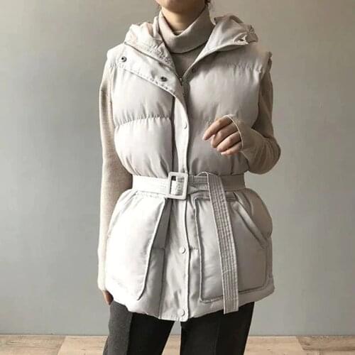 Winter Hooded Sleeveless Jacket Women Spring Windproof Warm Down Cotton Women Vest Coat Casual Thicken Waistcoat With Belt