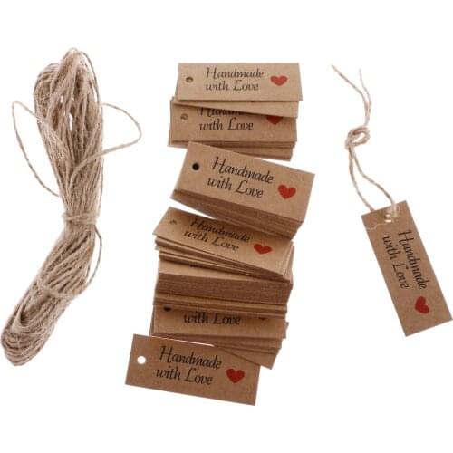 100pcs Kraft Paper HANDMADE WITH LOVE Gift Tags Wedding Favor Tags with Twine for wedding favor handmade cookie biscuit tags