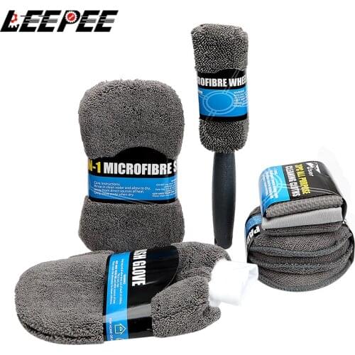 9Pcs Car Wash Cleaning Kit Include 3* Microfiber Towels, 3* Applicator Pads, Wash Sponge, Wash Glove, Wheel Brush Microfiber