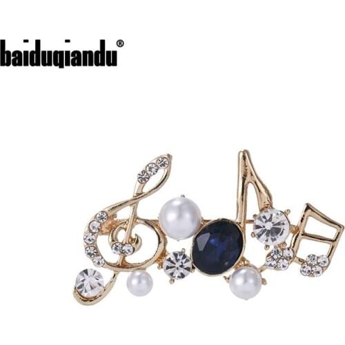 Baiduqiandu New Arrival Simulated Pearl and Blue Crystal Musical Note Brooches for Women Dress Coat Accessories Cute Jewelry