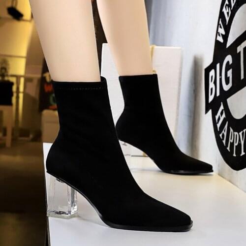 2019 New Winter Women Ankle Boots High Crystal Heel Square Toe Solid Fashion Sexy Ladies Women Shoes Black Short Warm Boots