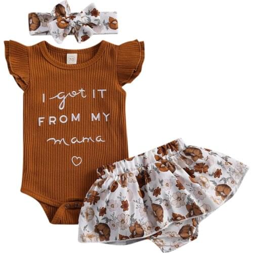 Citgeett Summer Baby Girls 3Pcs Romper Set Letter Printed Short Fly Sleeve Triangle Knitted Bodysuit Printed Short Skirt Set