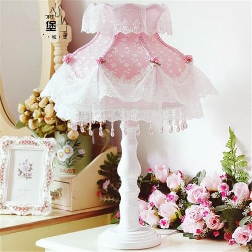 Korean Lace Fabric Shade Table Lamps Field Pink Princess Bedroom Bedside Table Lights Wedding Study Living Room Desk Lighting