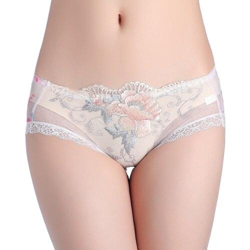 Chinese Style Rose Lace Embroidered Underwear Womens Sexy Transparent Low Waist Briefs