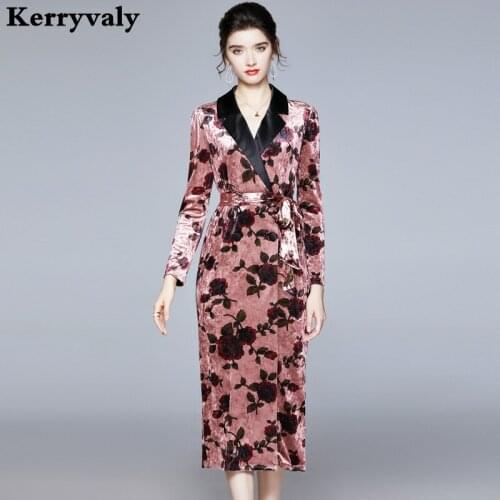 New Long-sleeved Famous Print Tie with Velvet Suit Winter Dress Women Long Sleeve Pink Midi Party Dress Female with Belt K8643