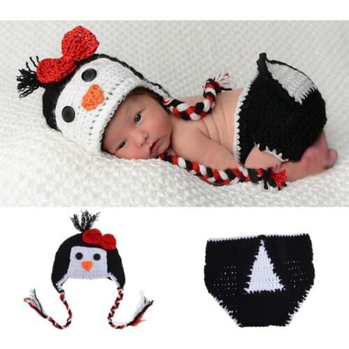 Newborn Cute Animal Penguin Pretend Knitting Photograph Accessories Costume Set Adorable Baby Dress-Up Infant Souvenir Picture