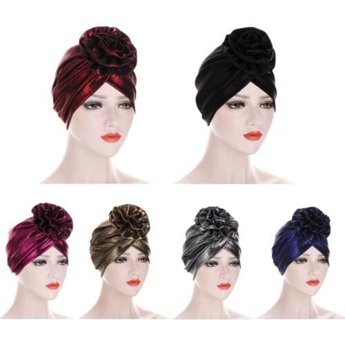 New Womens Hijabs Turban Pleated Cloth Head Cap Hat Ladies Hair Loss Accessories Muslim Scarf Cap Big Flower Bonnet Bandanas