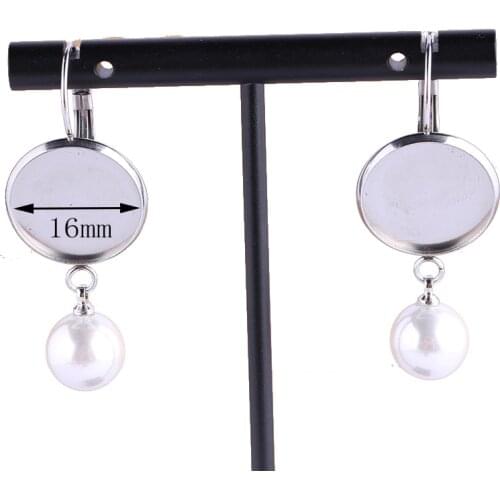 Reidgaller 10pcs fit 16mm blank cabochon earring base with pearl charm diy stainless steel lever back bezel earring findings