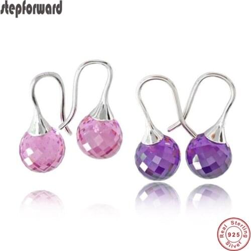 Popular Top Quality Beautiful Silver Jewelry 925 Sterling Silver Pink Purple Ball Crystal Hanging Earring Cute Earrings