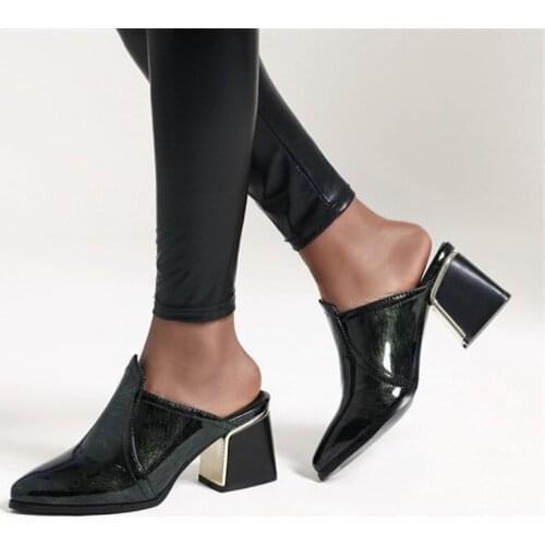 PXELENA Plus Size 34-43 Women Patent Leather Mules Pointed Toe Summer Slippers Block Square High Heels Slides Fashion Lady Shoes