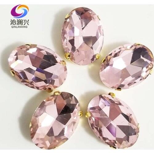 Pink oval shape High quality Glass Crystal sew on stones,golden bottom claw rhinestone,Diy/Clothing accessories SWTG10