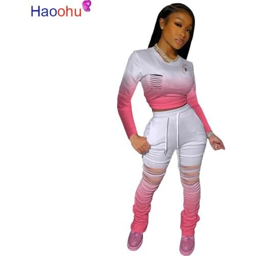 HAOOHU Women gradient hole stacked tracksuit tee tops bell bottom jogger sweatpant suit two piece set sport matching set outfit