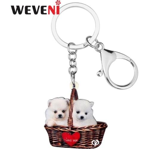 WEVENI Acrylic Double Twins Pomeranian Puppy Dog KeyChain Key Rings Fashion Pet Design Jewelry For Women Girls Charms Gift