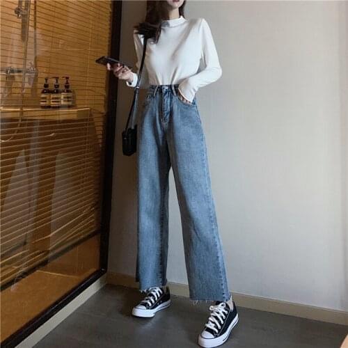 Women High Wiast Wide Leg Jeans Pants Retro Autumn Loose Straight Bootcut Denim Jeans Distressed Pocket Denim Long Pants