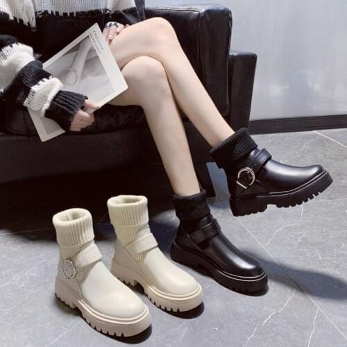 Knitted Women Boots 4.5CM Thick-soled Women Boots 2021 Winter New Solid Color Round Toe Hasp Female Shoes Zapatos De Mujer