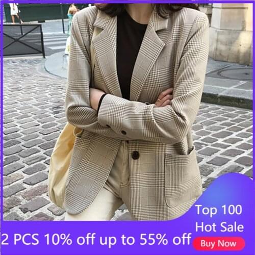Blazer for women autumn winter new fashion plaid jackets loose female office lady coat 8225