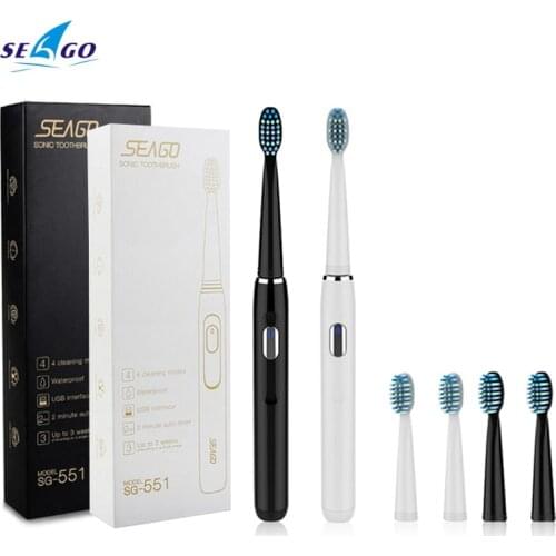 Seago SG-551 Sonic Adult Electric Toothbrush Smart Timer 4 Modes Deep Oral Clean USB Rechargeable Toothbrush with 3 Brush Heads