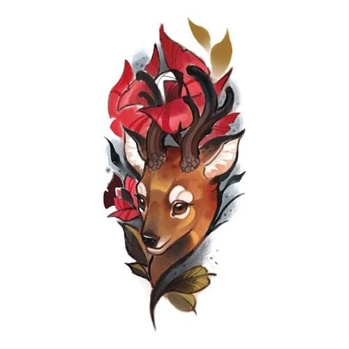 199MM×91MM Flower Deer Tattoo Sticker Large Pattern Female Watercolor Big Flower Arm Arm Thigh
