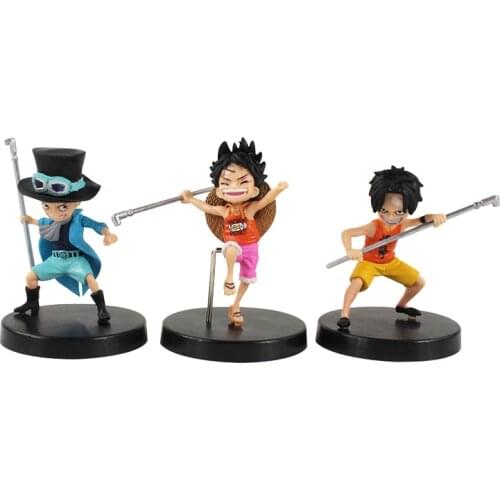3pcs/Set 9-10cm OP Luffy Ace Sabo with Stick Weapoon Childhood Kawaii PVC Action Figure Cartoon Mini Model Toys Dolls Kids Gift