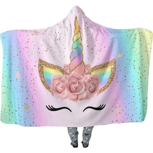 Flower Unicorn Pattern Printed Velvet Hooded Blanket for Adults Kid Super Soft Warm Wearable Throw Blanket for Bed Sofa