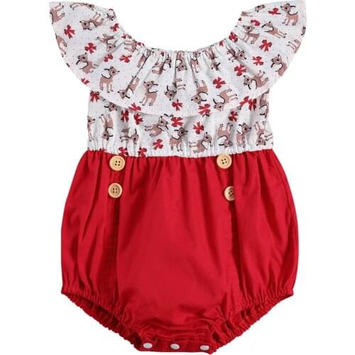 Summer Christmas Infant Newborn Baby Girl Bodysuit Sleeveless Ruffled Elk Print Patchwork Jumpsuits Casual Santa Clothes Outfits
