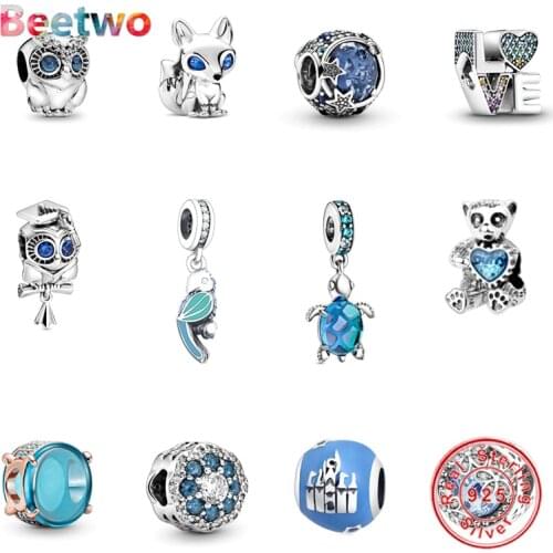 New Original Silver Shiny Sky Ocean Blue Fox Owl Bead fit Pandora charms silver 925 beads Bracelet for women diy fashion jewelry