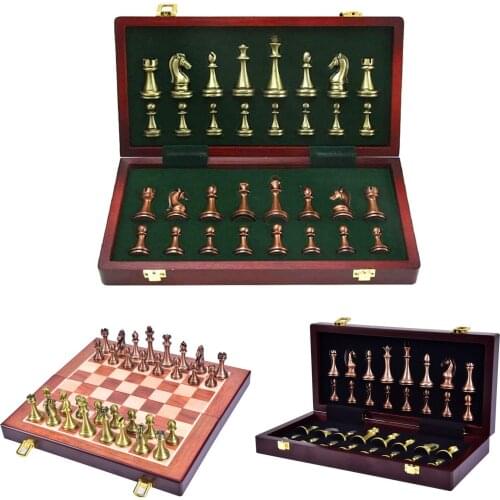 Wooden Folding Chessboard Retro Metal Alloy Chess Pieces Chess Game High Quality Classic Handmade Standard Metal Chess Set Gift