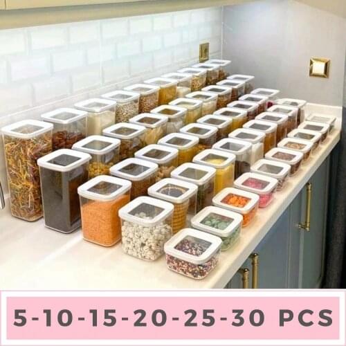 30 PCS Kitchen Food Storage Box Container Set Organizer Square Vacuum Lid Airtight Jars Pantry Noodle Legume Cereals Rice Pasta