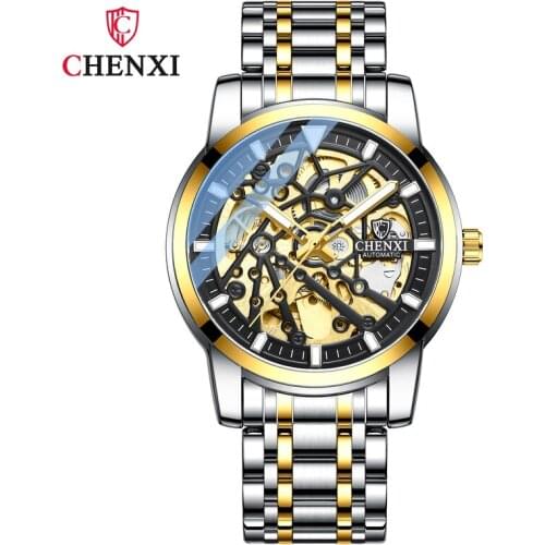CHENXI Mens New High-end Mechanical Watch Business Waterproof Luminous Automatic Luxury Steel Band Hollow Watch WA209