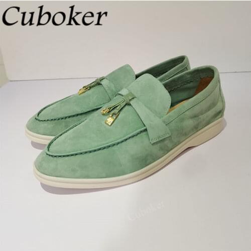Brand New Women Casual Flat Shoes Kidsuede Slip On Women Loafers Metal Lock Decor Flat Mules Spring Summer Walking Shoes Woman