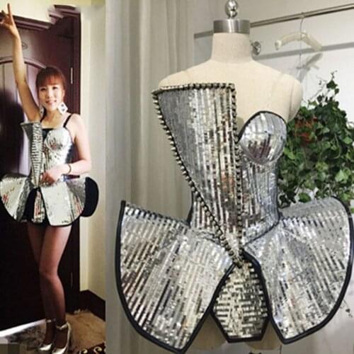 New Style Handmade Silver Reflective Lens Jazz Dance Costume Ds Sequins Light Stage Show Style Bodysuit Festival Outfit DN9330