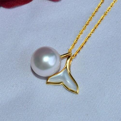 NYMPH Real 18K Gold Pendant Necklace Round AKOYA Seawater Pearl Solid Gold Chain Fishtail Design Fine Jewelry for Women X509