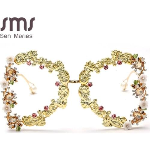 2020 Oversized Punk Sunglasses Women Luxury Metal Flower Fashion Sunglasses Men Baroque Pearl Sun Glasses UV400 Oculos Feminino