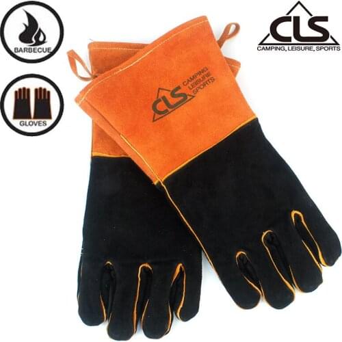 Outdoor BBQ gloves camping fire barbecue cowhide heat resistant heat insulation thickened extended welding protective gloves